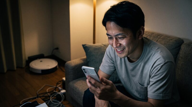 Qrevo Curv 2 Proの口コミを見てスマートフォンを手に笑顔で満足そうな男性