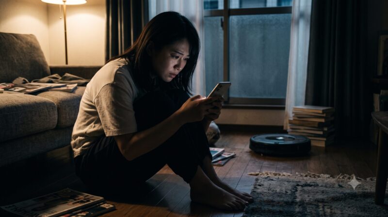 散らかったアパートの部屋で、スマホを手に苦悩する女性と傍らのロボット掃除機。