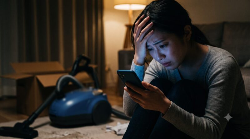 薄暗い部屋で散らかったゴミを前に、スマートフォンで掃除機の悪い口コミを見て頭を抱えて悩む女性の様子。