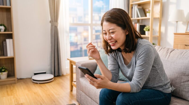 ロボット掃除機のある明るいリビングで、スマホを見ながら満面の笑みを浮かべて喜ぶ女性。