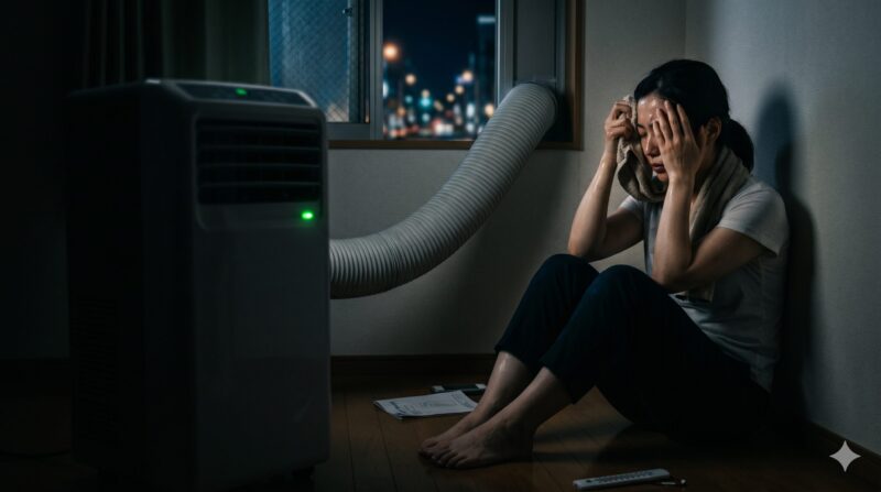 夜、作動中のスポットクーラーの前で汗をかき絶望する女性。冷えないトラブルと後悔。
