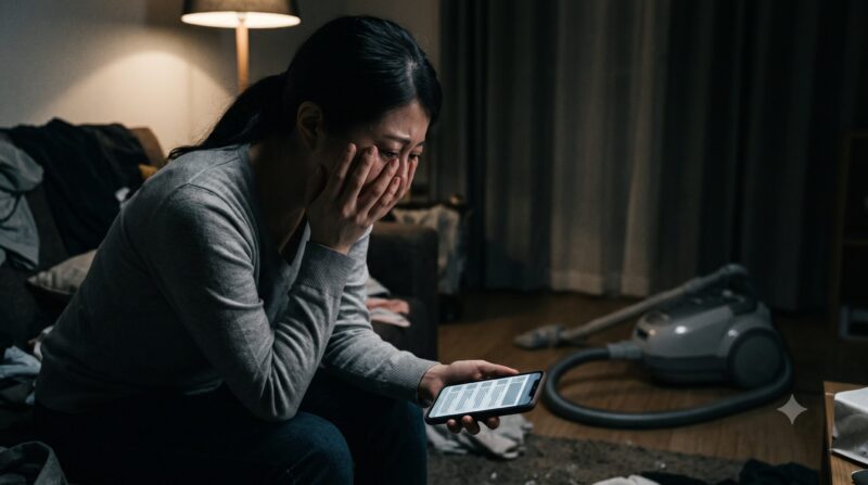 夜、暗い部屋でスマホを見て絶望し顔を覆う日本人女性と、後ろにあるキャニスター掃除機。