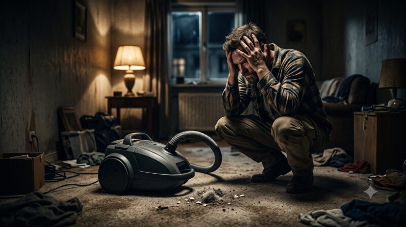 薄暗く散らかった部屋で、故障したと思われるキャニスター掃除機を前に頭を抱えて絶望する男性。