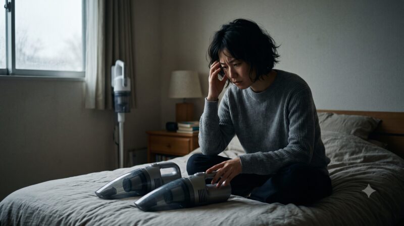 アイリスオーヤマの布団クリーナー「IC-FAC2」と「IC-FAC3」の違いを比較し、どちらを買うべきか頭を抱えて悩む女性の写真。