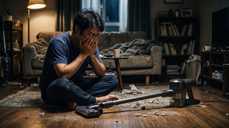 Xiaomi Mijia コードレス掃除機 4Cのスペックや機能のデメリットに直面し、散らかった部屋で頭を抱えて絶望する男性のイメージ