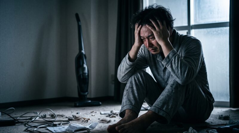 掃除機選びに失敗し、散らかった部屋で絶望的な表情で頭を抱える日本人男性