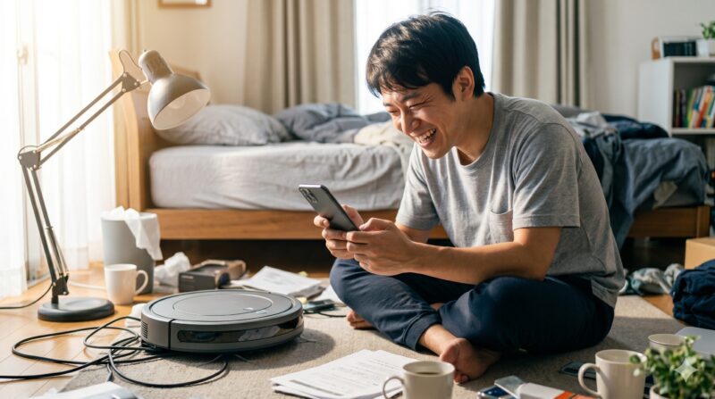 散らかった部屋で、床に座りスマートフォンを見ながら笑顔の男性と、掃除中のロボット掃除機。