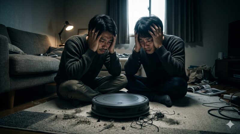ロボロックの最新ロボット掃除機を前に、購入を後悔し頭を抱えて絶望する男性ふたりの様子。
