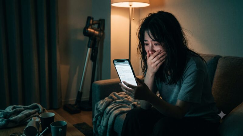 薄暗い部屋で掃除機の口コミ画面を見て絶望的な表情を浮かべる女性の姿。