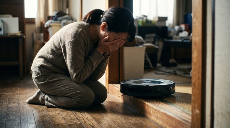 段差に乗り上げて動かなくなったロボット掃除機を前に、頭を抱えて絶望する日本人女性の様子。