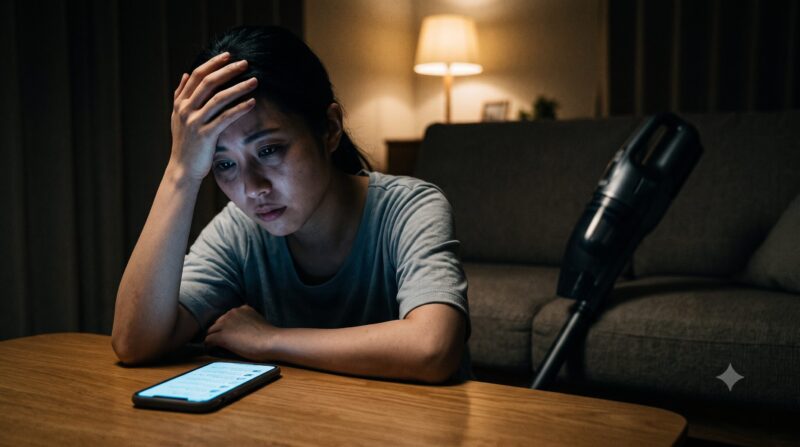 コードレスふとんクリーナーの口コミや評判をスマホで調べ、予想外のデメリットに絶望している女性。