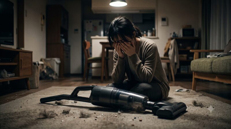 布団クリーナーや掃除機のデメリットに悩み、頭を抱えて後悔・絶望している女性の様子。