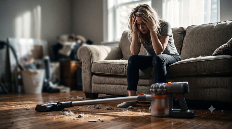 コードレス掃除機を前に、リビングのソファで頭を抱えて購入を後悔している女性のイメージ画像。