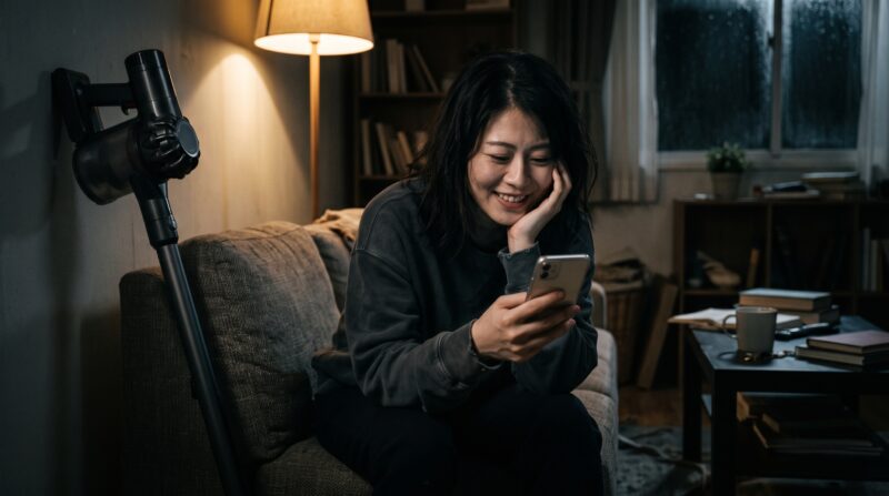 スマートフォンを見つめ、ソファで幸せそうに微笑む日本人女性。薄暗いリビングルームの背景にはコードレス掃除機。