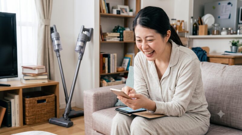 ソファでくつろぎながらスマートフォンを見て満面の笑みを浮かべる日本人女性。背景にはコードレススティック掃除機が2台。