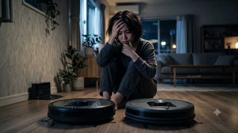 2台のロボット掃除機を前にして、違いや選び方に頭を抱えて深く悩む女性の写真。