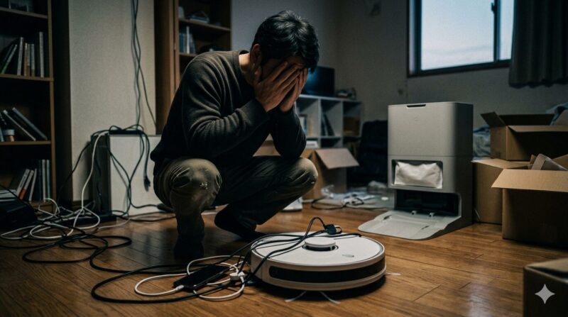 コードが絡まったロボット掃除機を前に頭を抱えて後悔する男性