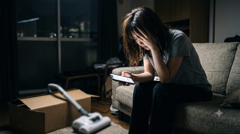 夜の散らかったアパートで、スマホの布団クリーナーの悪い口コミを見て後悔する女性の様子。