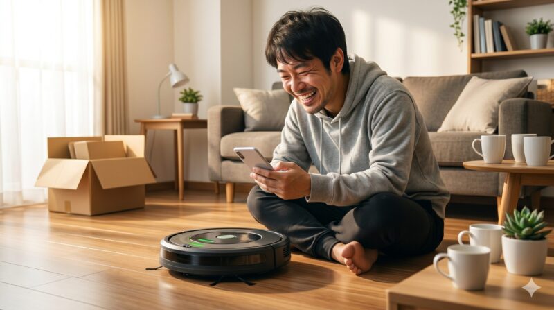 明るいリビングで、スマートフォンを見ながら笑顔で座る男性と、その手前にあるロボット掃除機。