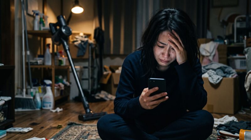 片付けられない散らかった部屋で、スマートフォンを見ながら涙を流して座り込む日本人女性