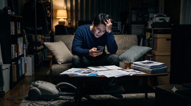 夜、大量の資料とスマートフォンを前に、キャニスター掃除機の比較検討に頭を抱え、悩む男性。