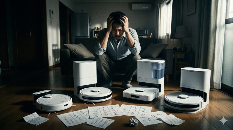 比較表と複数のロボット掃除機を前にどれを選ぶか頭を抱えて悩む男性（SwitchBotロボット掃除機のおすすめ機種比較レビュー用イメージ）