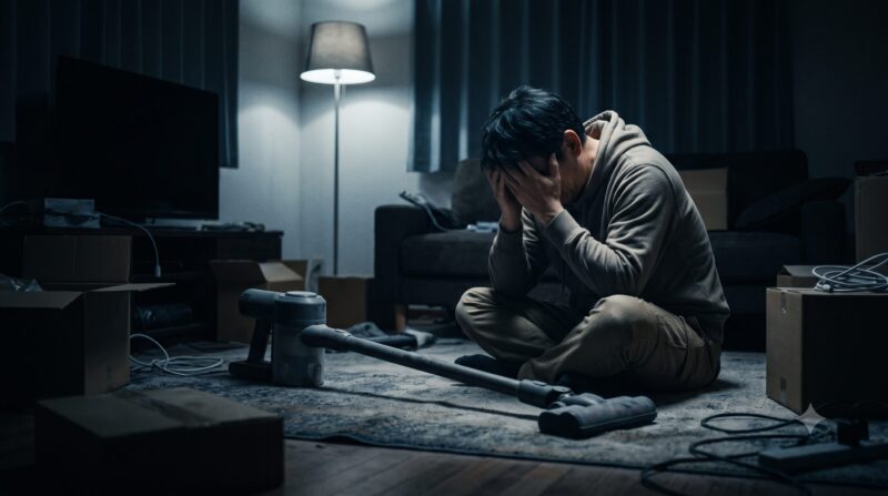 コードレス掃除機と散乱した段ボール箱を前に、床で顔を覆い絶望する男性