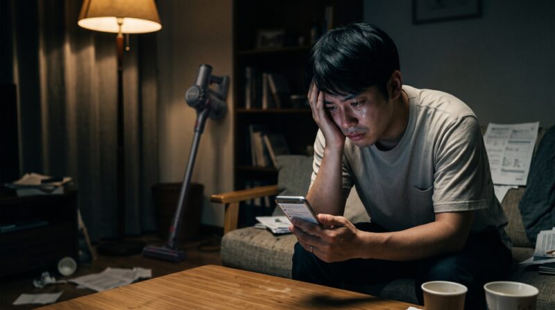 掃除機の口コミをスマートフォンで見て、絶望し泣き崩れる男性の様子