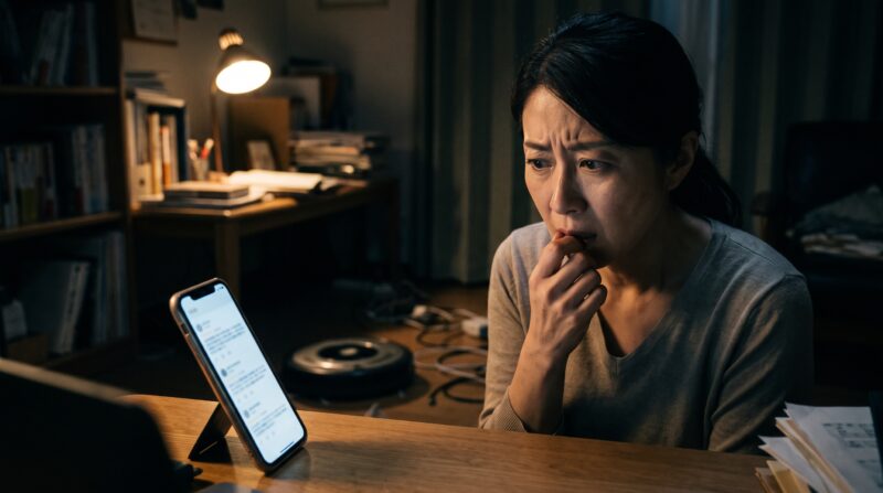 ロボット掃除機の口コミ評判を見てどれを選べば後悔しないか真剣に悩む女性の写真