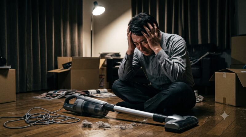 スティッククリーナーの悪い口コミやデメリットに悩み、薄暗い部屋で掃除機を前に頭を抱えて絶望している男性。