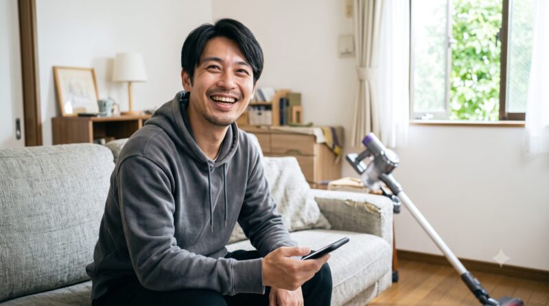 明るいリビングで、ソファに座りスマートフォンを手に笑顔を見せる男性。背景にコードレス掃除機。
