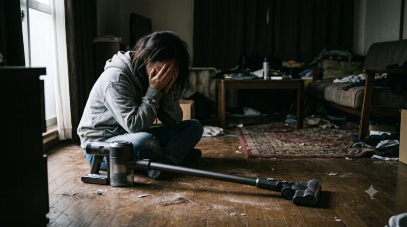 コードレス掃除機を前に、散らかった部屋で頭を抱えて後悔や絶望をしている女性の姿。