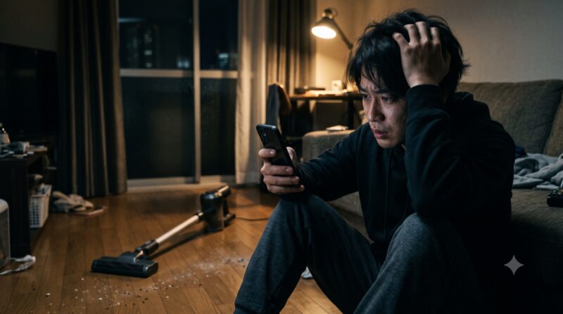 スマートフォンで掃除機の口コミを見て絶望し、床の汚れを前に頭を抱える男性