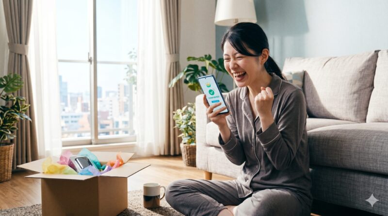開封した荷物を前に、スマホの完了画面を見て歓喜のガッツポーズをする女性。
