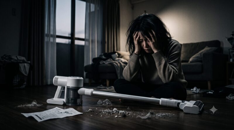 コードレス掃除機のデメリットに直面し、床に散らばったゴミを前に頭を抱えて絶望する女性