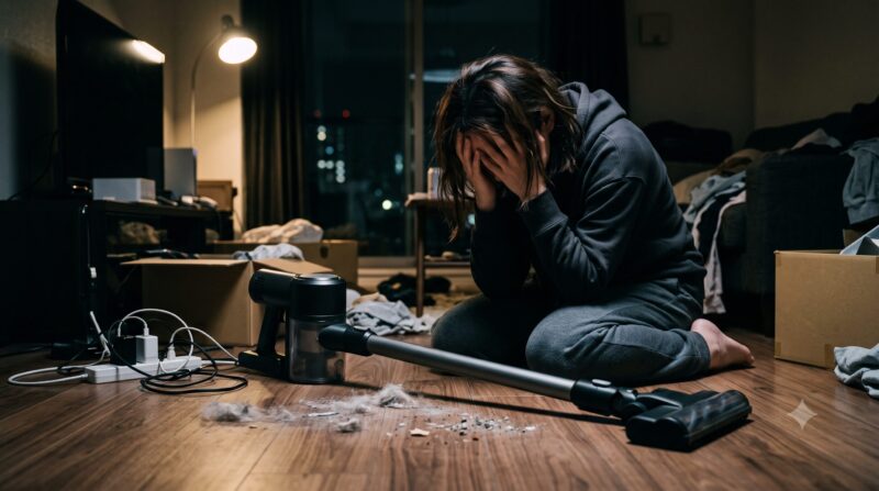コードレス掃除機を買って後悔しているような、暗い部屋で頭を抱えて絶望する人物の様子。