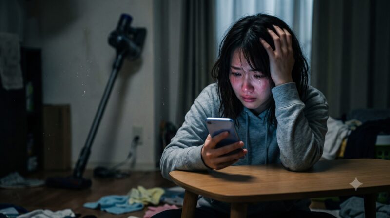 散らかった部屋でスマホを手に、掃除機の口コミや評判を見て絶望・後悔している日本人女性。