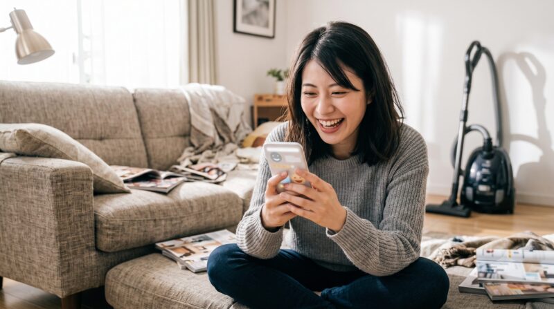 スマートフォンでレビューアプリの星評価を見て笑顔を見せる女性。明るいリビングルームと掃除機。