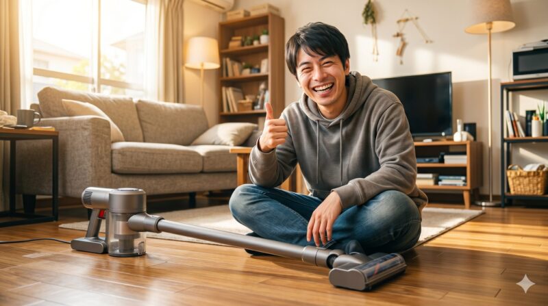 リビングルームでコードレススティック掃除機に満足し、笑顔で「いいね」をする男性