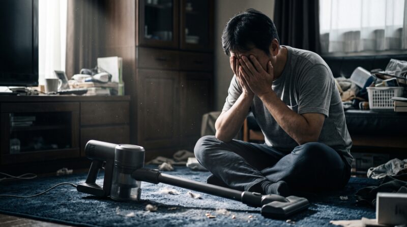 掃除機を前に、散らかった部屋で頭を抱えて絶望する男性の画像。LC501Jの悪い口コミやデメリットを連想させる、後悔と悲壮感が漂うシチュエーション。