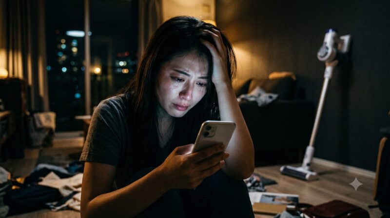コードレス掃除機の悪い評判をスマートフォンで読み、絶望に暮れて泣き崩れる女性
