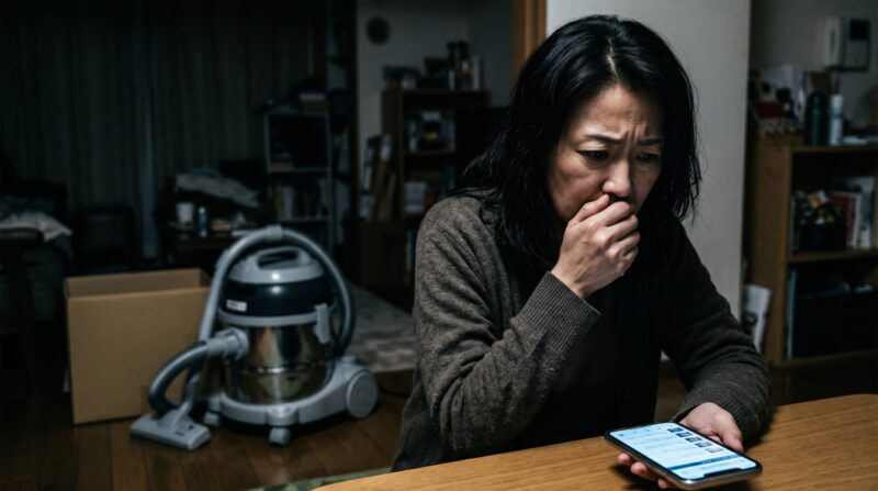 CV-SP300Rの口コミ・評判をスマホで調べて不安になっている深刻な表情の女性。