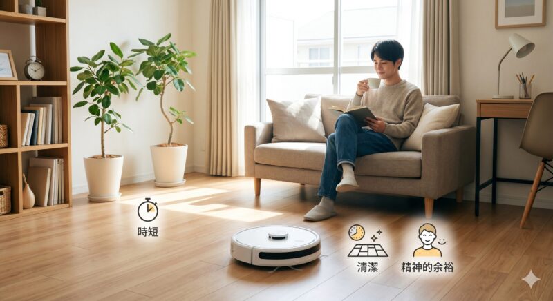 一人暮らしでロボット掃除機を導入するメリットを解説するイメージ画像