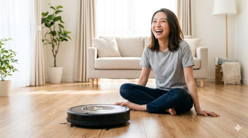 明るいリビングで、ロボット掃除機の横に座り笑顔の日本人女性