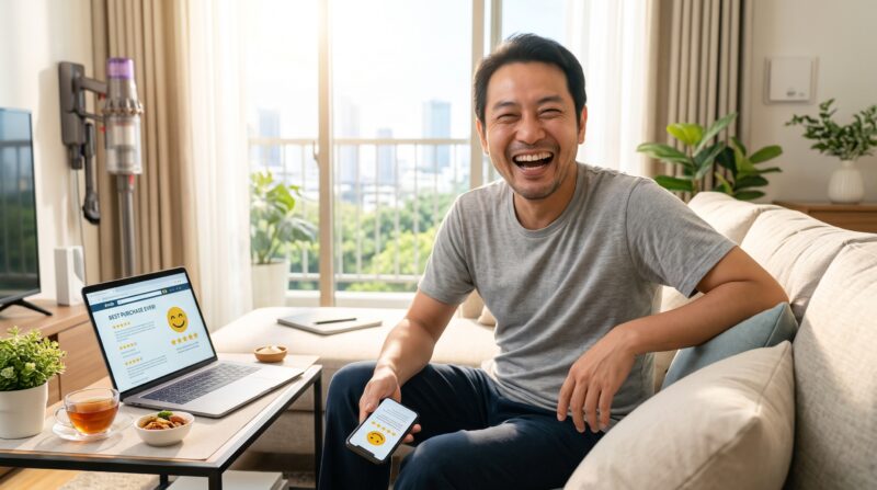 リビングのソファで、スマホとノートパソコンに表示された高評価レビューを見て満面の笑みを浮かべる男性