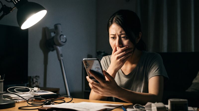CL106FDSHWの悪い口コミを見て、購入を迷い、不安な表情を浮かべる日本人女性の様子