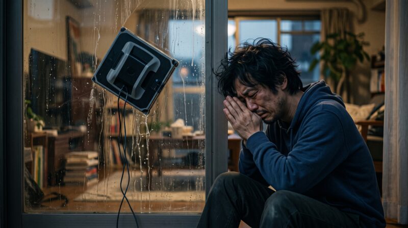 W2S PRO OMNIの悪い口コミが気になり、窓拭きロボットの前で絶望する男性の画像