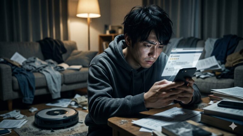 散らかった部屋でロボット掃除機の悪い口コミを見て絶望する男性