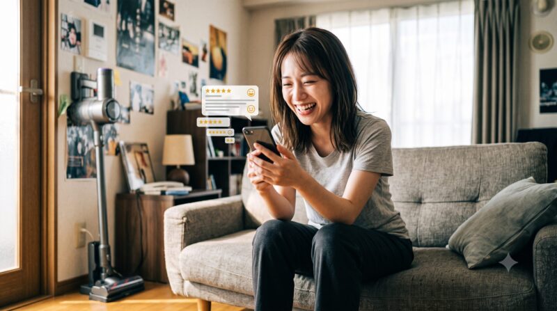 リビングのソファでスマートフォンを見ながら、浮かび上がる高評価(5つ星)レビューに笑顔を見せる女性。