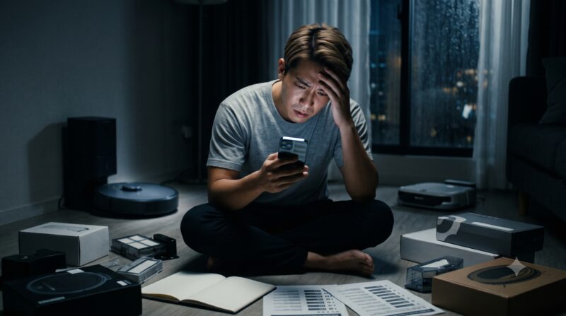 暗い部屋で複数のロボット掃除機を前に、スマホを見ながら頭を抱えて悩む男性。